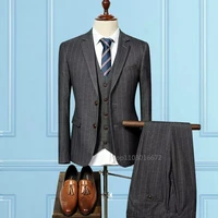 Formal Striped 3 Piece Men Suits Slim Fit Groom Tuxedos Notch Lapel Two Button Jacket Business Blazer Vest Pants Costume Homme 2