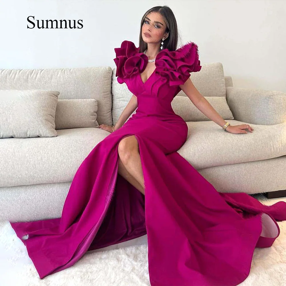 

Sumnus Fuchsia Mermaid Evening Dresses Side Split Ruffles Satin Sexy V Neck Event Party Dress with Train Celebrate Prom Gowns
