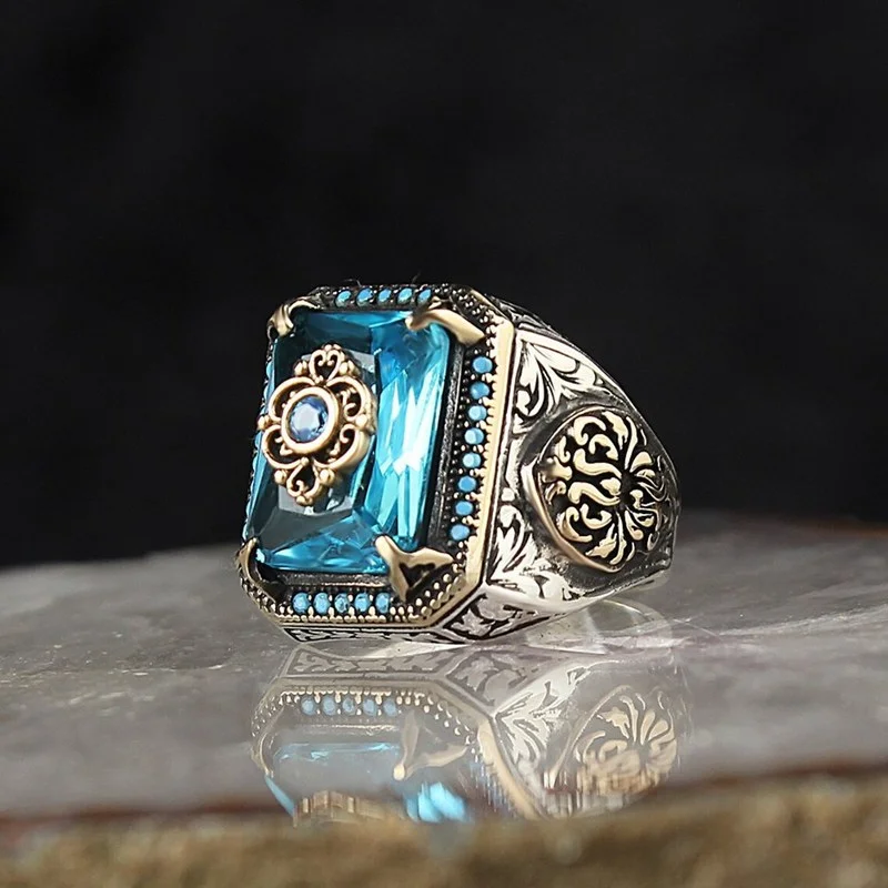 Vintage Hand Engraved Pattern Turkish Signet Ring for Men Fashion Set Green Stone Seal Islamic Muslim