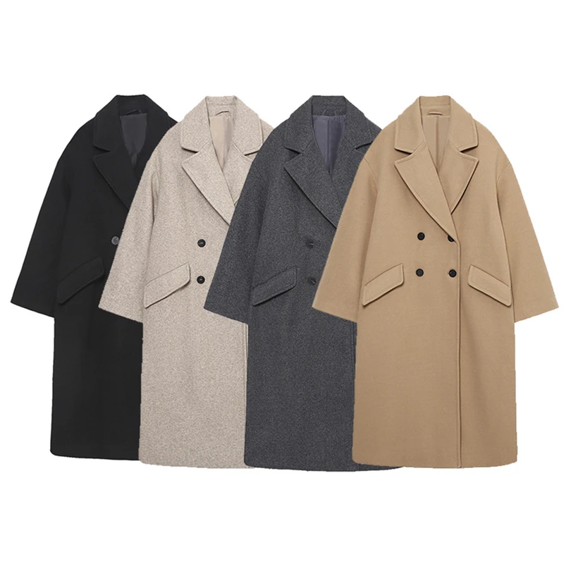 

2023 Autumn/Winter Fashion New Mid Length Suit Collar Double Breasted Long Sleeve Loose Relaxed Woolen Coat Women's Trend