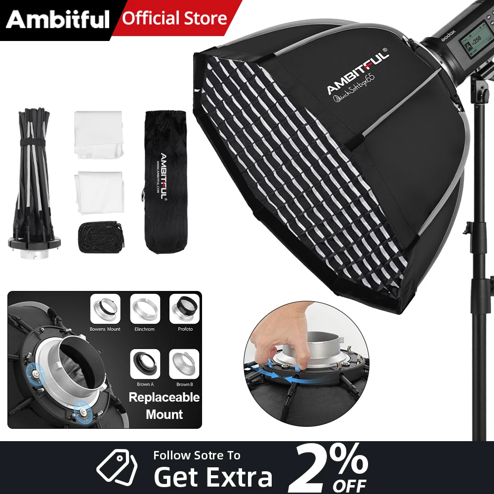 AMBITFUL QS 65cm 90cm Bowens Mount boîte à lumière à configuration rapide avec grille pour caméra Flash Speedlite lumière LED boîte à lumière douce boîte mate