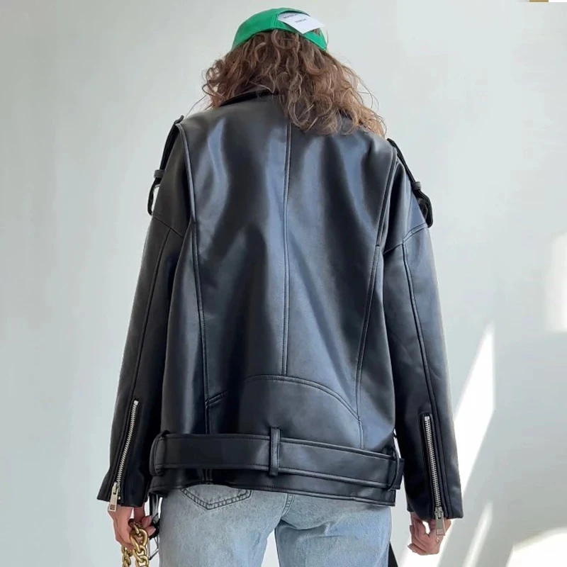2024 Faux Leather Jacket Women Casual PU Loose Motorcycle Biker Coat  Female Streetwear Oversized Outwear Korean Chic Autumn New