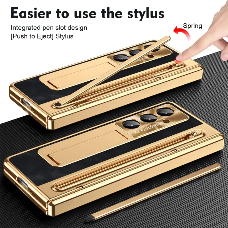 Premium Electroplated Matte Leather Hinge Case with Pen Slot and Touch Pen Holder