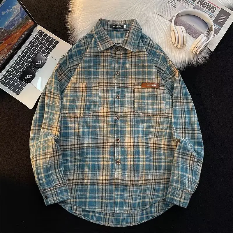 

Spring Mens Plaid Long Sleeve Shirts Hip Hop Button Original Blouse 2024 Harajuku Streetwear Casual Fashion Shirt Male Clothing