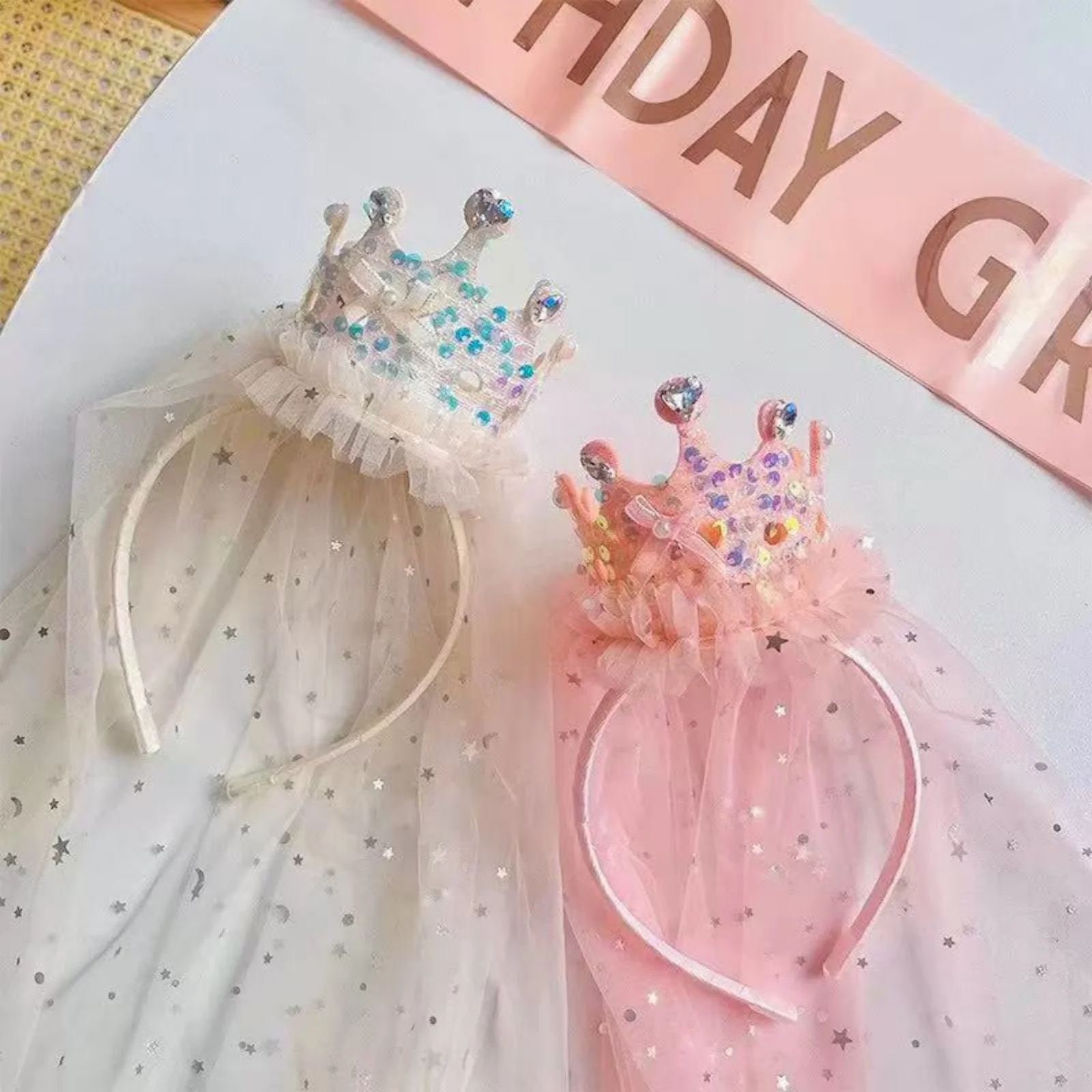1PC Princess Crown Veil Headbands,Sparkly Tulle Hair Accessories,Pink White Sequin Party Headwear,Cute Girl's Dress Up Headbands