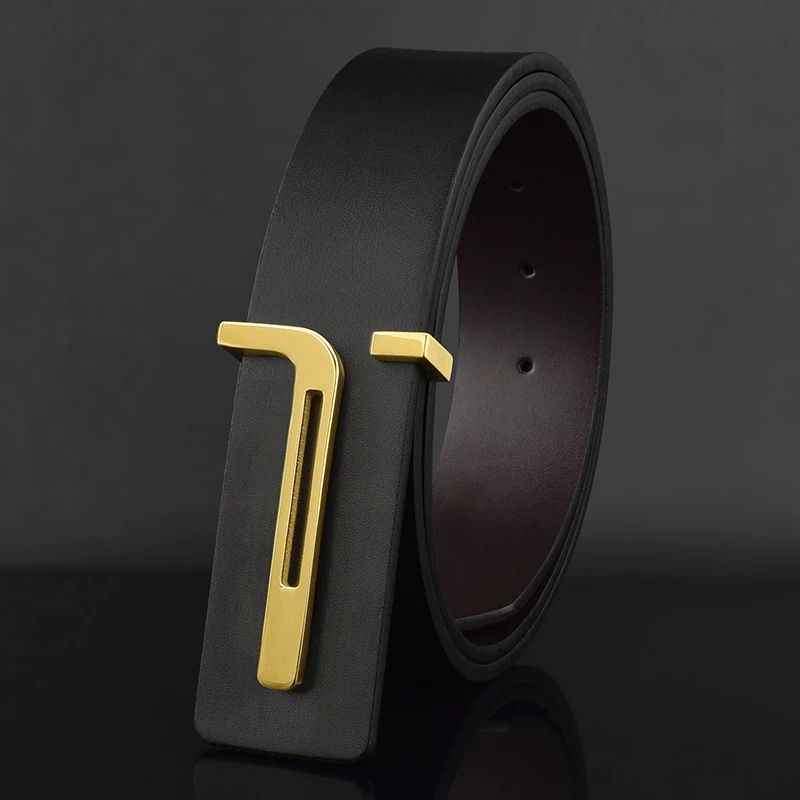 

T Letter Gold Black Men's Designer Belts Luxury Genuine Leather Brand Smooth Buckle Famous Cowskin Strap Wide Belt Luxe Marque