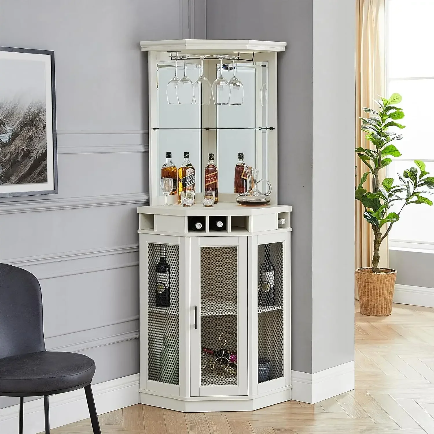 White Corner Bar Unit 73" With Built-in Wine Rack And Lower Bar Cabinet For Liquor And Glasses Storage 23.6"D X 31.5"W X 73"H