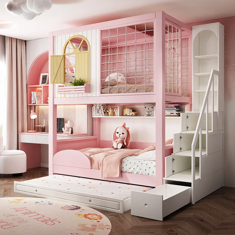 Children's furniture full solid wood two layers of wooden beds for girls double-decked high and low beds master and mother bed
