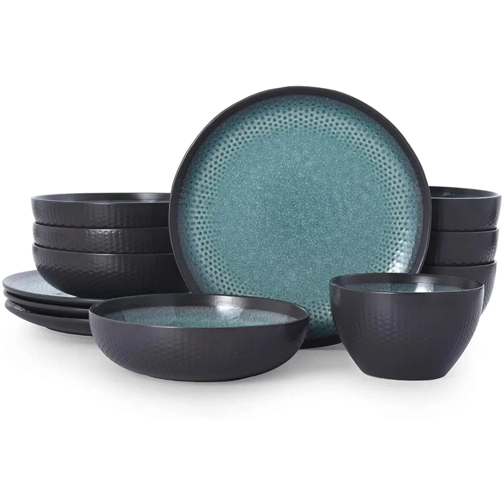 

Maddox Teal Stoneware 12 Piece Dinnerware Set High Quality Stoneware Microwave Dishwasher Safe Great for Everyday Use