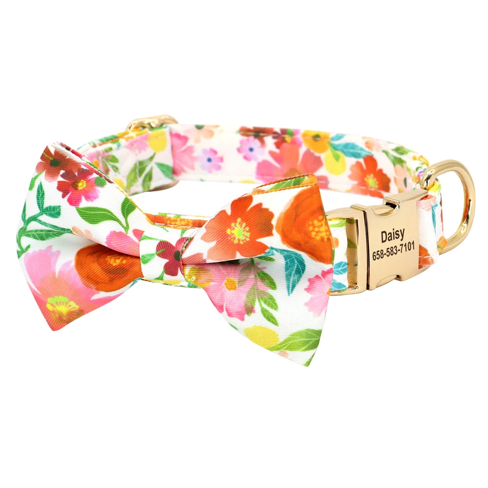 Bowtie Dog ID Collar Personalized Nylon Dog Collars Bowknot Free Engraved Flower Bee Heart Necklace for Small Medium Dogs