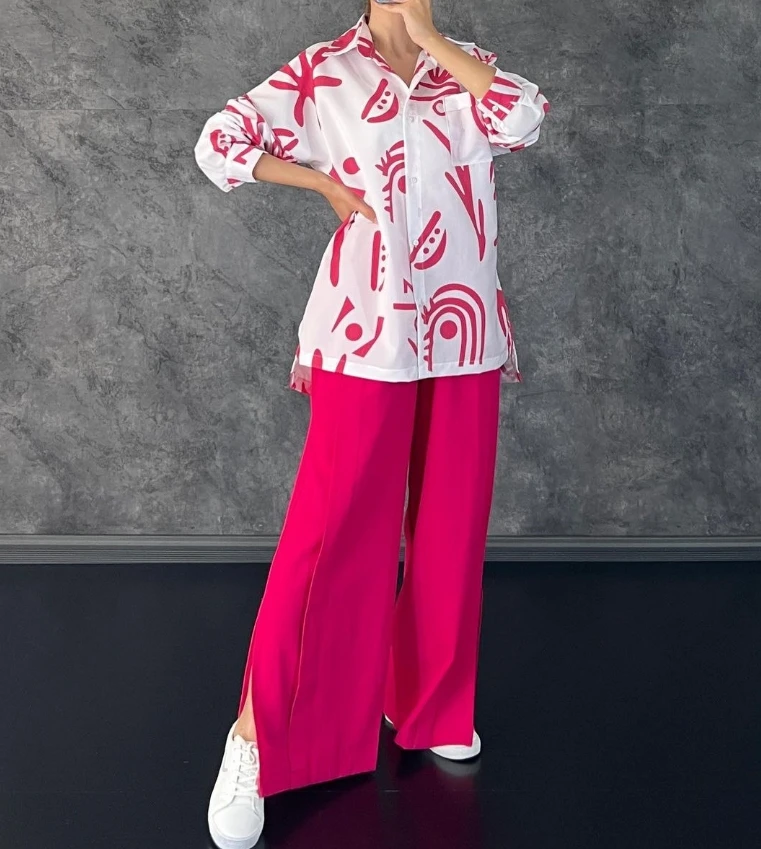 Vivid Girl Casual Long Sleeved Printed Shirt and High Waisted Split Wide Leg Pants Set for Quick Hair
