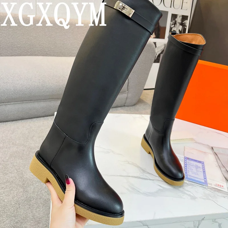 

2023 Flat Heel Over The Knee Boots Women Round Toe Real Leather Autumn Winter Solid Color Versatile Knight Fashion Boots Mujer