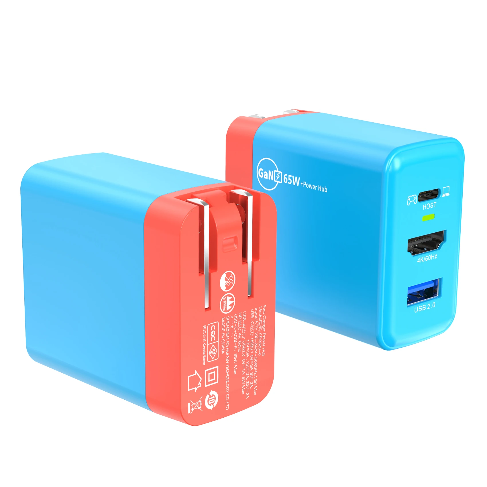 

65W GaN Universal Laptop Power Adapter Docking Station HD 4K 60Hz Type-C 3.0 USB2.0 Hub 3 in 1 for SwitchCharger
