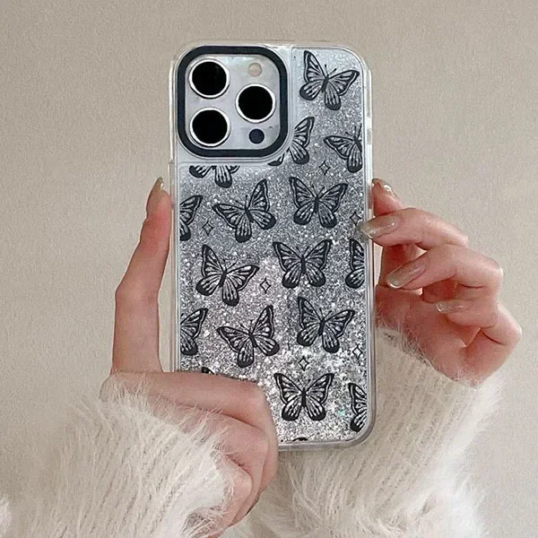 Transparent Border Silver Quicksand Snake Butterfly Panda iPhone 12 13 14 15 Pro Max Case - Protective iPhone Case
