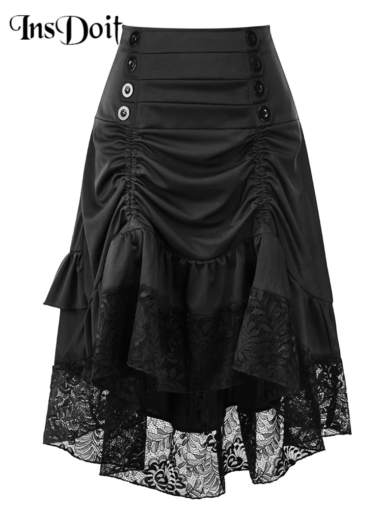 InsDoit Gothic Summer Skirt Women Clothes Streetwear Lace Lolita Black Assymmetric Punk Grunge 2023 Cosplay Party Sexy Skirts women gothic lolita birdcage 5 hoop petticoat underskirt medieval victorian circle fishbone crinoline pannier