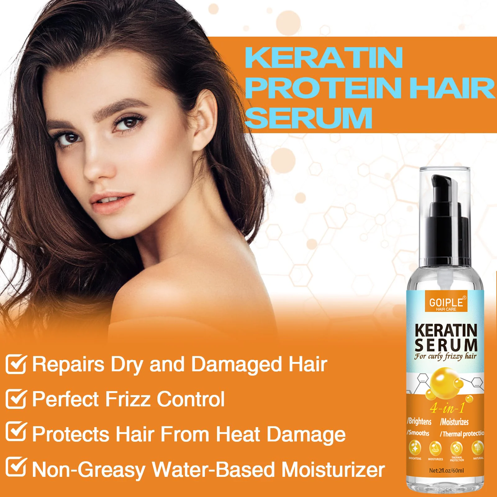 Hair essence oil GOIPLE 4 in 1 water-based keratin serum moisturizer repair dry damaged hair smooth control frizz for curly frizzy