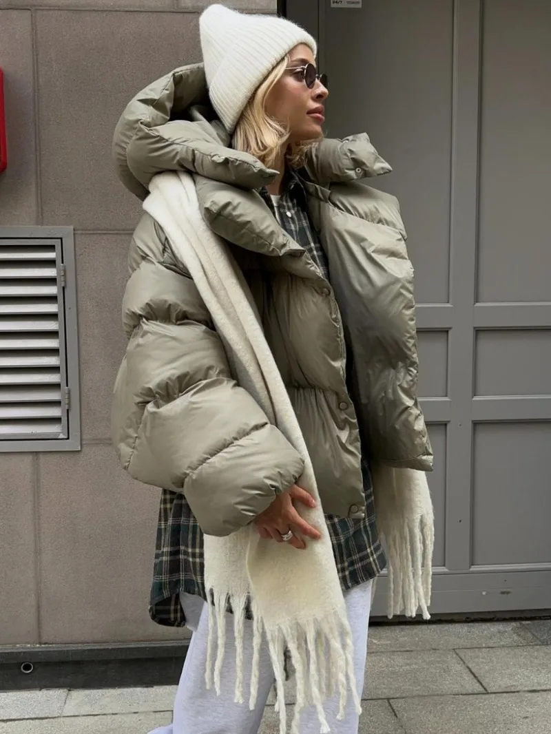 

Cotton Padding Quilted Coat Autumn Winter Hooded Long Sleeve Thick Jackets High Street 2023 Thick Army Green Short Parka Tops