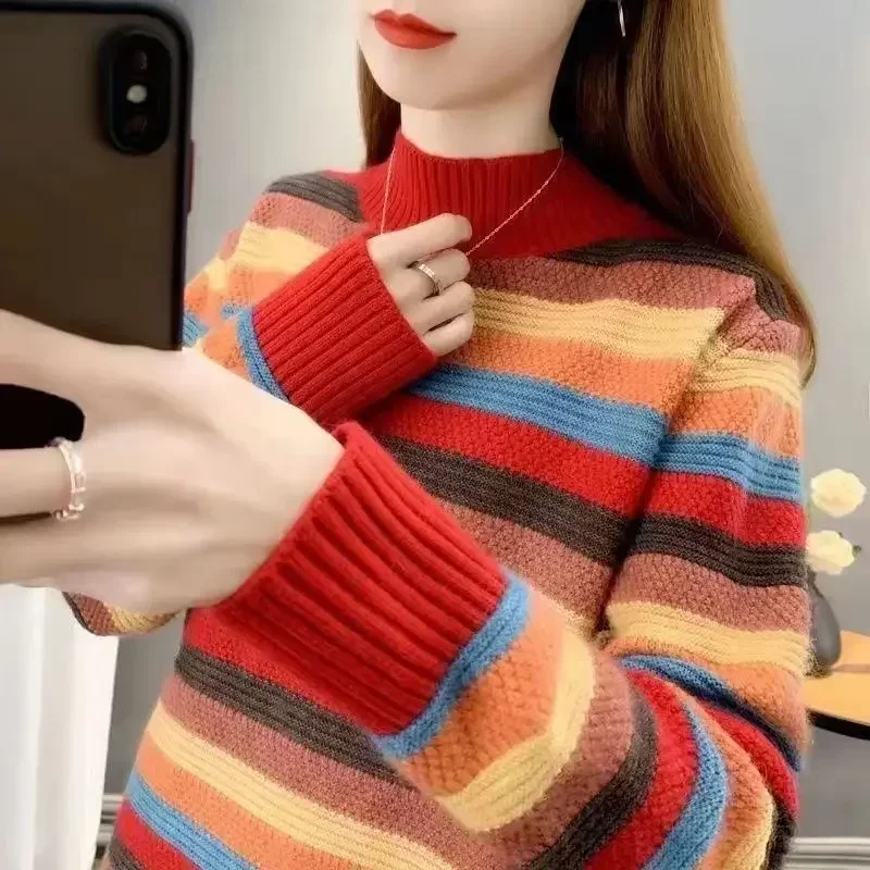 

Knit Tops for Woman Pullovers Turtleneck Women's Sweater Striped Off White Gigh Neck Jerseys Y2k Vintage Trend 2023 90s Clothes