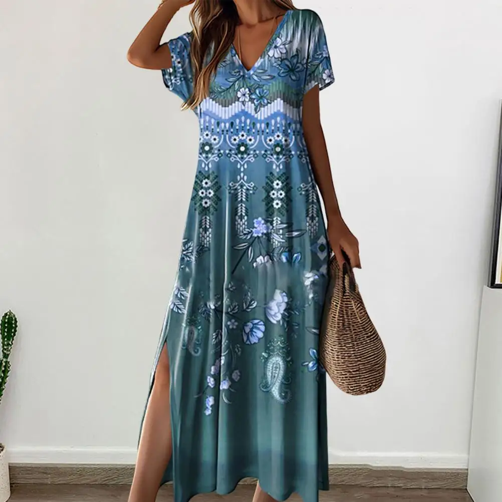 

A-line Dress Colorful Print V Neck Maxi Dress For Women Retro Ethnic Style Ankle Length Beach Vacation Dress With Side Split