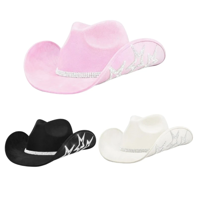 Stylish Rhinestone Star Pattern Cowgirl Cap Women Large Brim Western Felt Cowboy Hat for Stage Performance Club Dace Fedora Hat