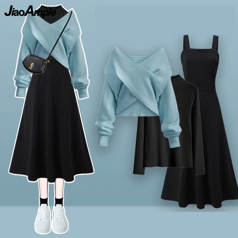 2023 Autumn/Winter New Korean Elegant Matching Set Women's Fashion Cross Knit Sweater+Bottom Shirt+Strap Dress Three Piece Suit 3