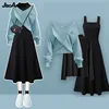 2023 Autumn/Winter New Korean Elegant Matching Set Women's Fashion Cross Knit Sweater+Bottom Shirt+Strap Dress Three Piece Suit 3