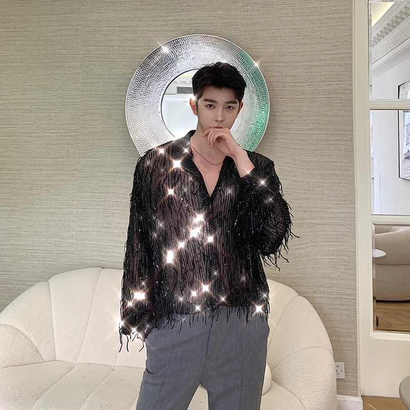 Men shirts Long sleeve Streetwear Men Shirt Cargo Vintage Fashion Sequins tassel Stage Show Dress Shirt Oversized Blouse