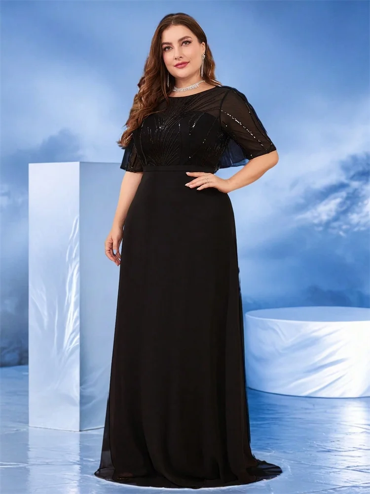 Plus Size Elegant Short Sleeves Sequin Formal Evening Dress Women Chiffon Black Mermaid Bridesmaid Party Maxi Prom