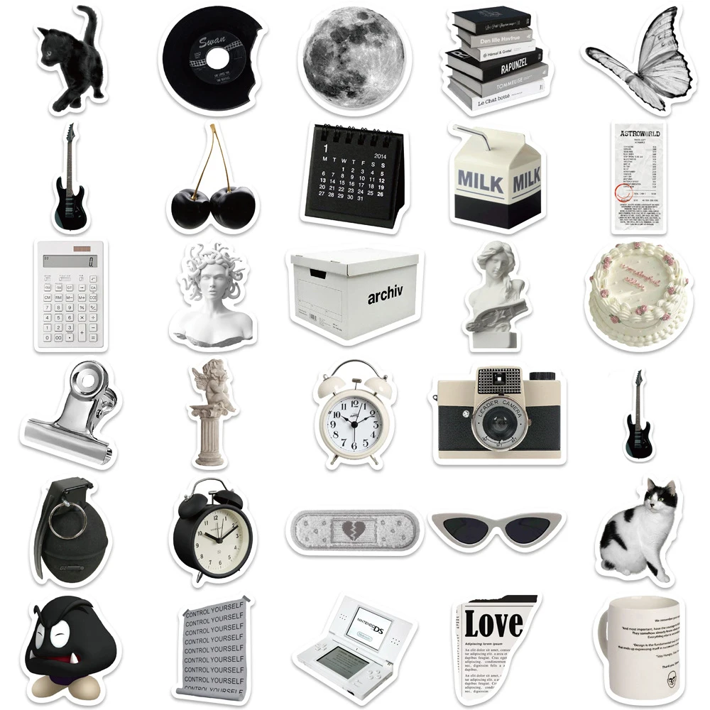 10/30/61pcs Ins Style Cute Stickers Black White Simple Decals Decoration DIY Phone Notebook Suitcase Laptop Fridge Wall