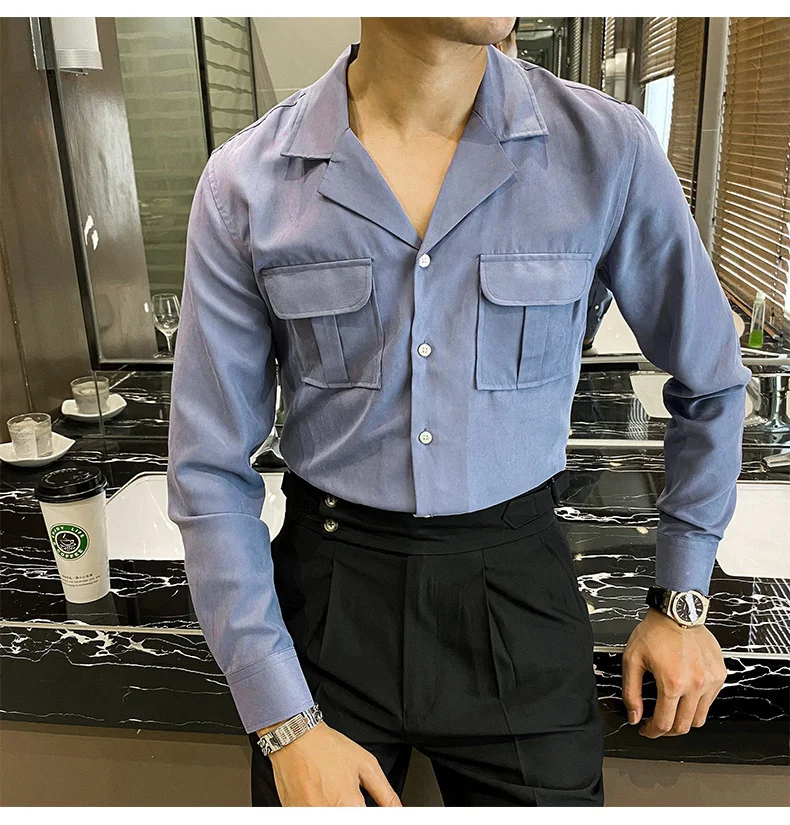 Safari Shirt Men Solid White Blue Men's 