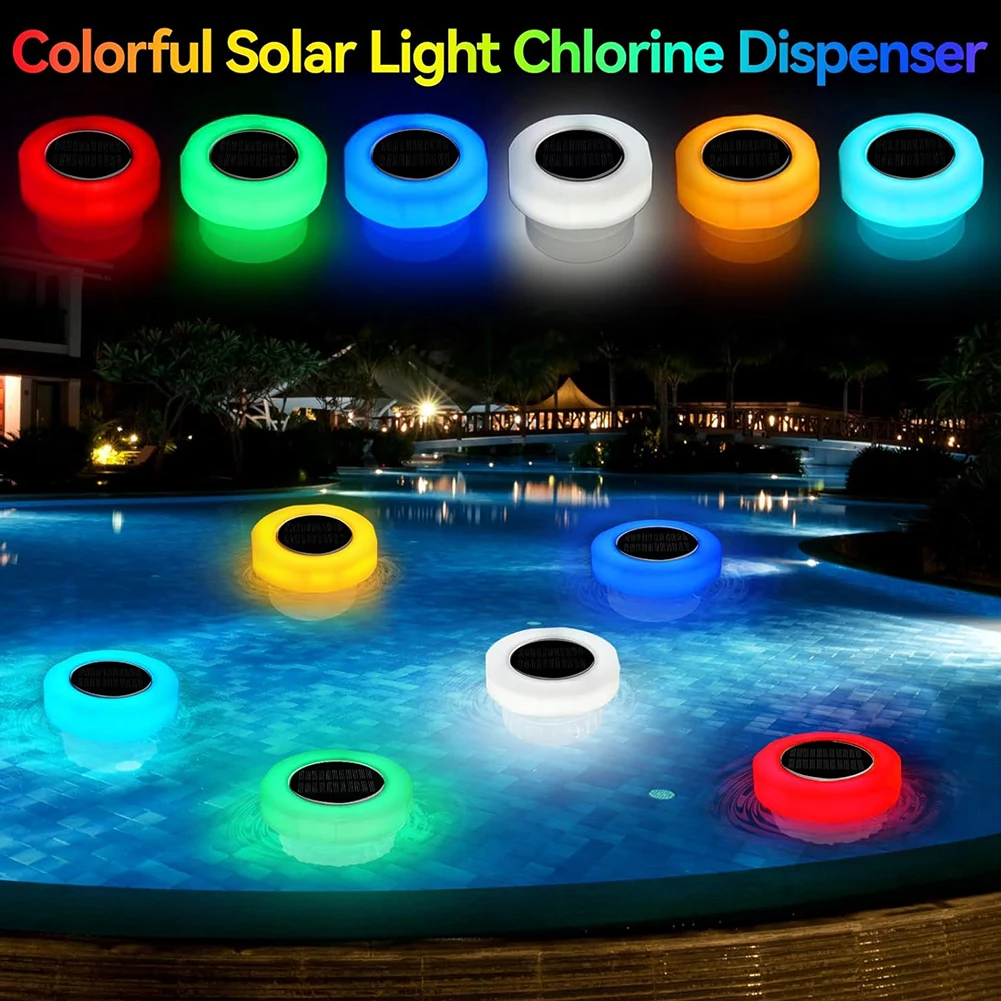 Solar Powered Floating Chlorine Dispenser with Colorful Light Chlorine Floating Water Cleaner IP68 Waterproof for Pool Hot Tub