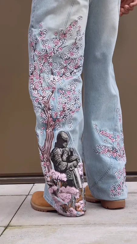 2025 New Mens Jeans Cherry Blossom Embroidery Exotic Knight Design Cultural Symbol Pattern Fusion Trendy Eye Catching Style 4