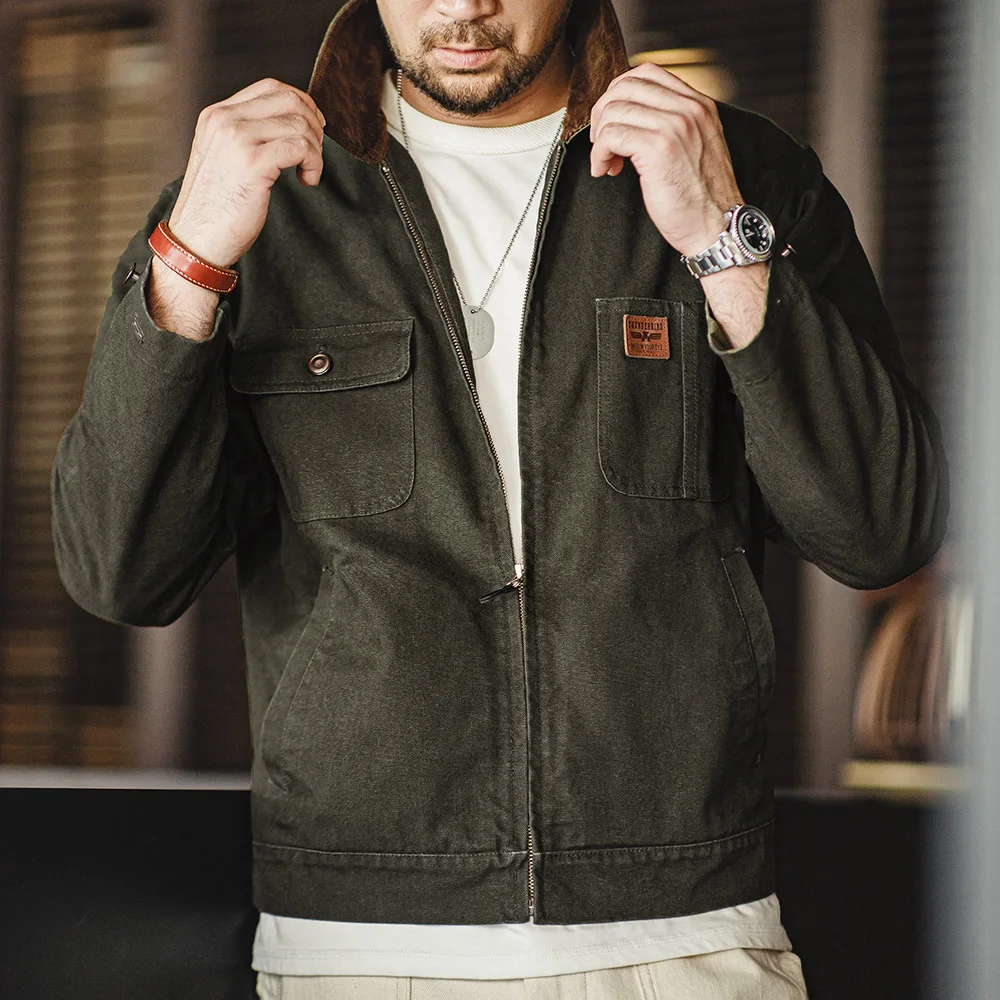 Maden Retro Corduroy Collar Heavyweight Detroit Jacket Canvas Hunting Short Zip-Up Jacket with Pockets Men's Autumn Overcoat Top 3