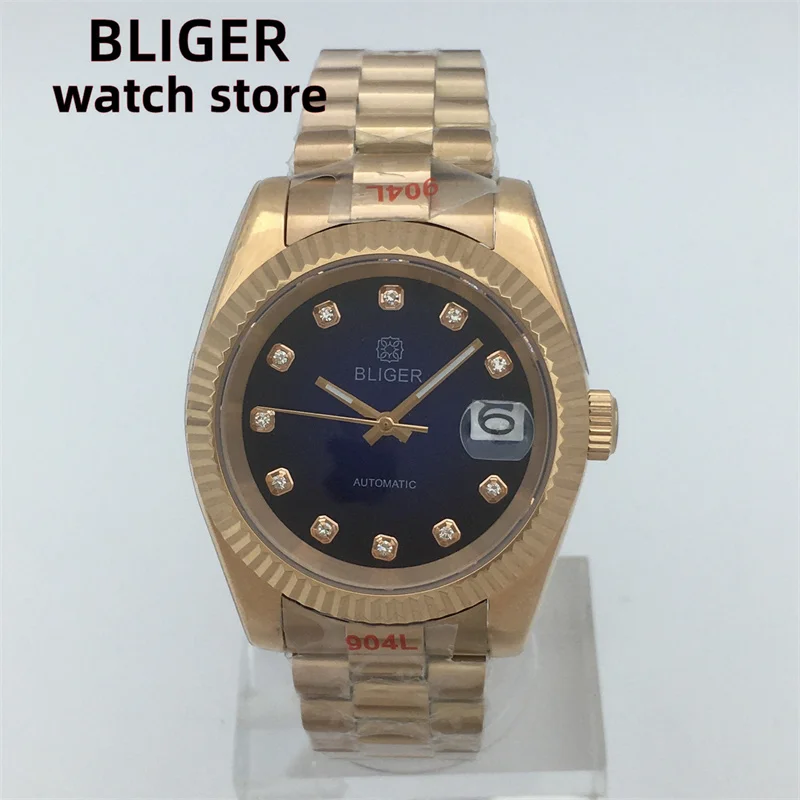 BLIGERNH35 movement 36mm /39mm Men's automatic watch slot ring Diamond dial Spiral crown Sapphire glass Date President watch ban 40mm diving automatic mechanical men s watch nh35 movement ceramic ring waterproof watch sapphire glass accessories