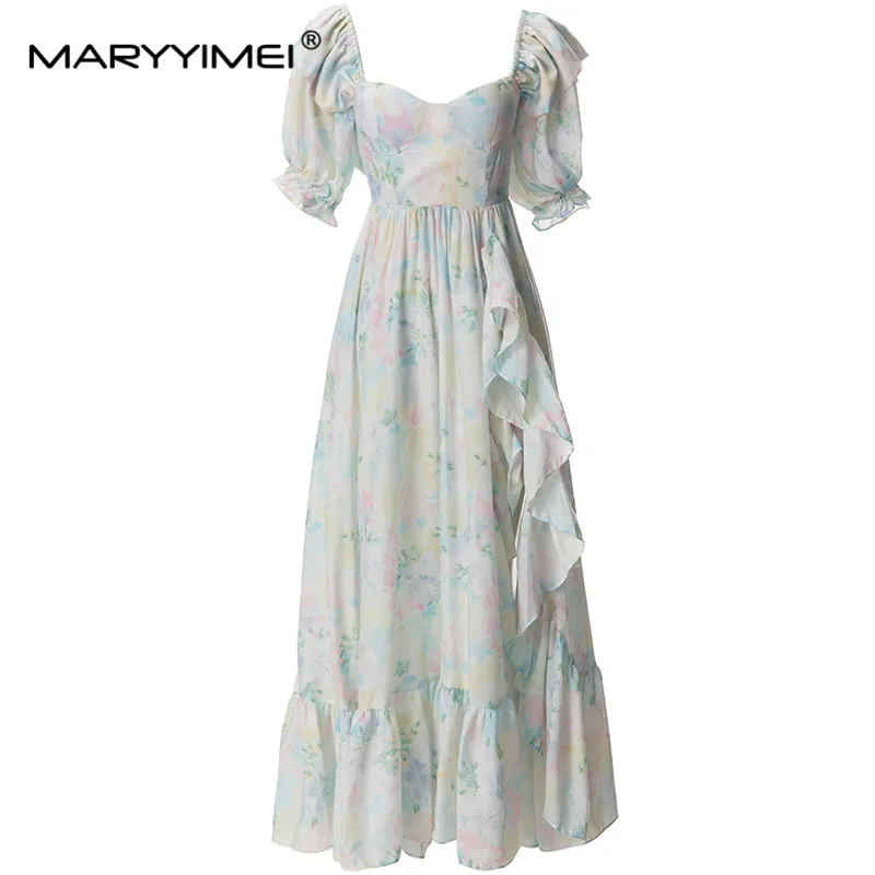 

MARYYIMEI Fashion Designer spring Summer Women's Square-neck Puff Sleeve Splicing Flounced Edge Backless Split High Street Dress