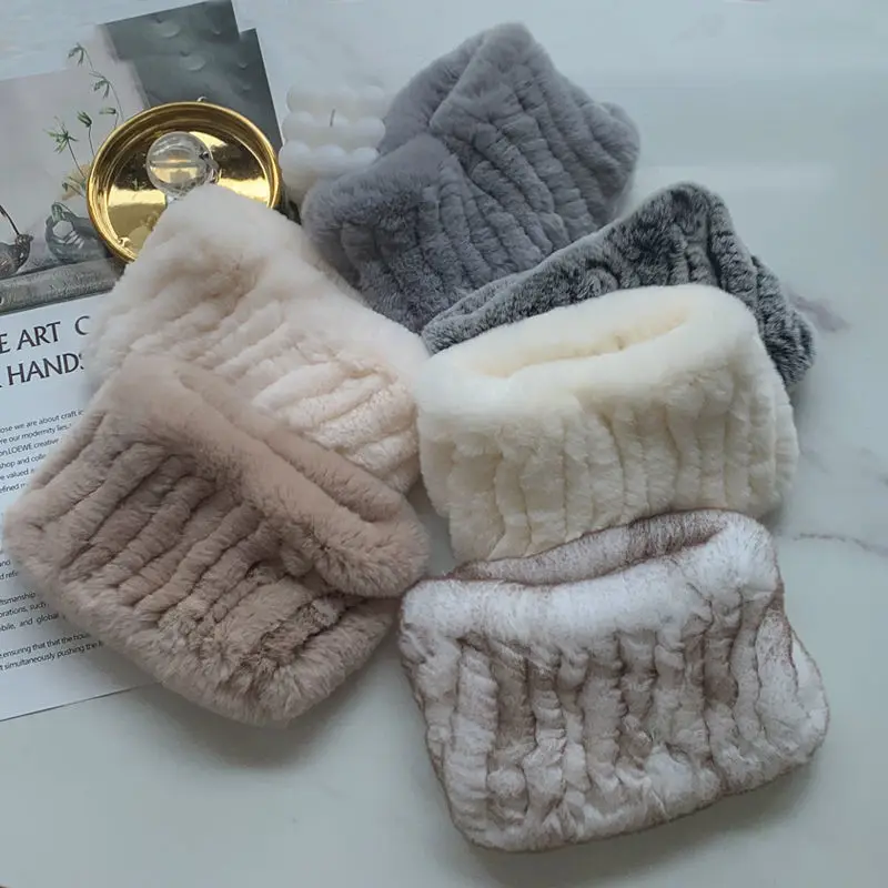 Women Real Fur Handmade Stretch Fur Scarf Knit Genuine Rex Rabbit Headbands Girls Natural Ring Scarves Winter Scarf
