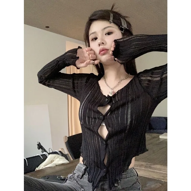 QWEEK-Cardigan de malha de manga comprida feminino, blusas finas de botão, streetwear estético casual de verão, moda coreana, Gyaru