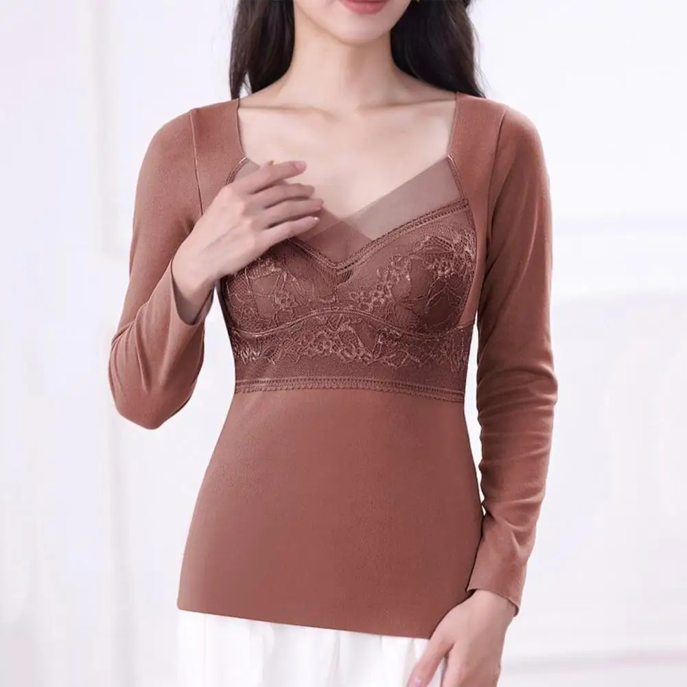 

Thick Warm Bottoming Top Cozy Winter V-neck Lace Padded Pullover for Women Thick Plush Warm Top with Heat-locking Technology