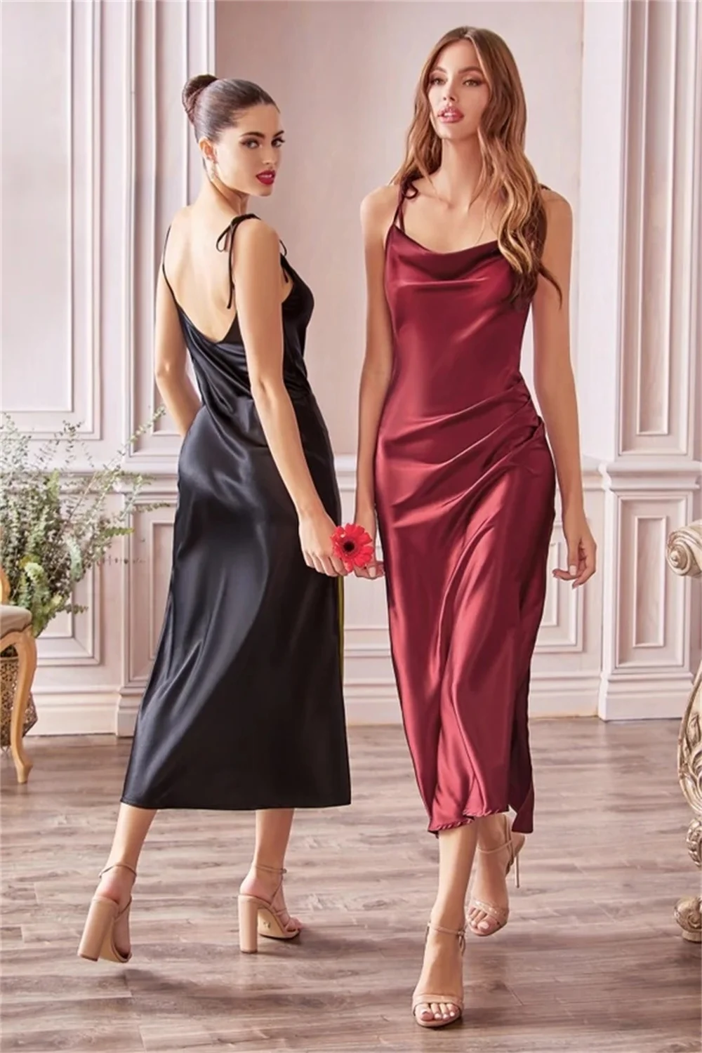 MisShow Sage Green Cowl Neck Satin Bandage Midi Summer Dresses for Women Sexy High Slit Tie Straps Evening Dress for Bridesmaid 3