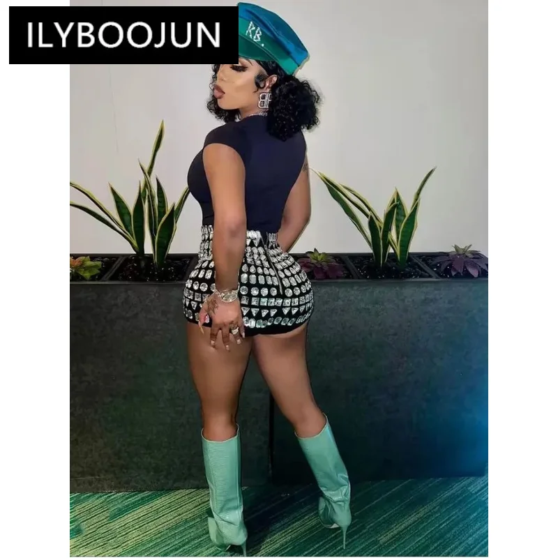 ILYBOOJUN Ins Hot Sale Women Beading Short Bandage Shorts High Street Sexy Slim Skinny Party Nightclub Shorts