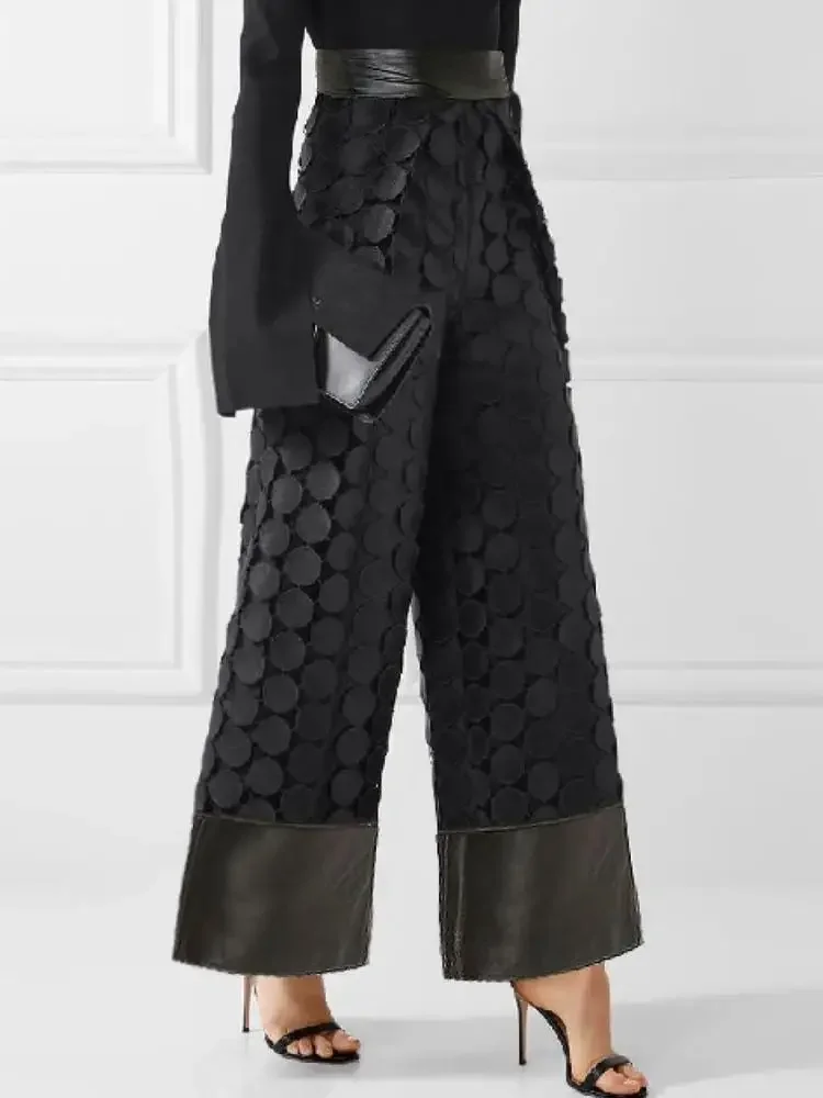 

Gymystars Women's Fashion PU Patchwork Hollow Polka-Dot Wide Leg Pants 2024 New Summer Loose Casual Office Trousers