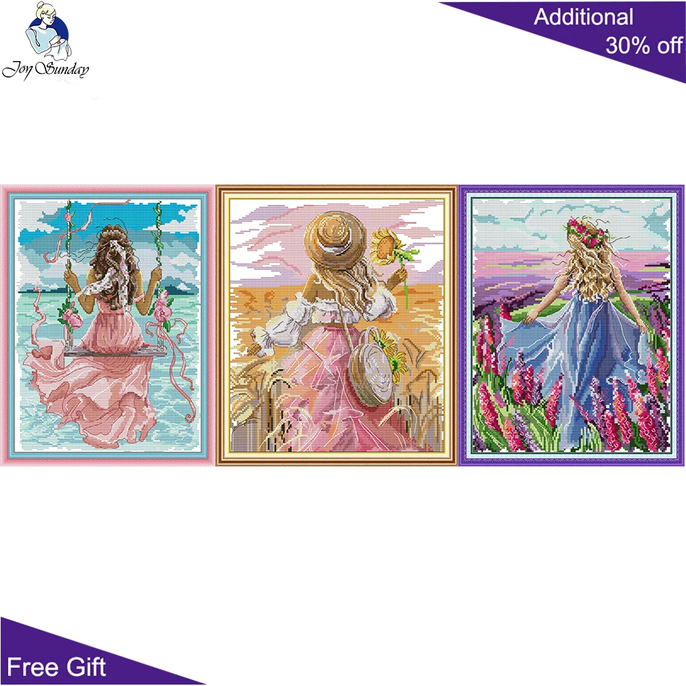 Joy Sunday Sea View Sunflower Lavender Girl RA482 RA483 RA484 Counted and Stamped Home Decor Beauty Embroidery Cross Stitch kits