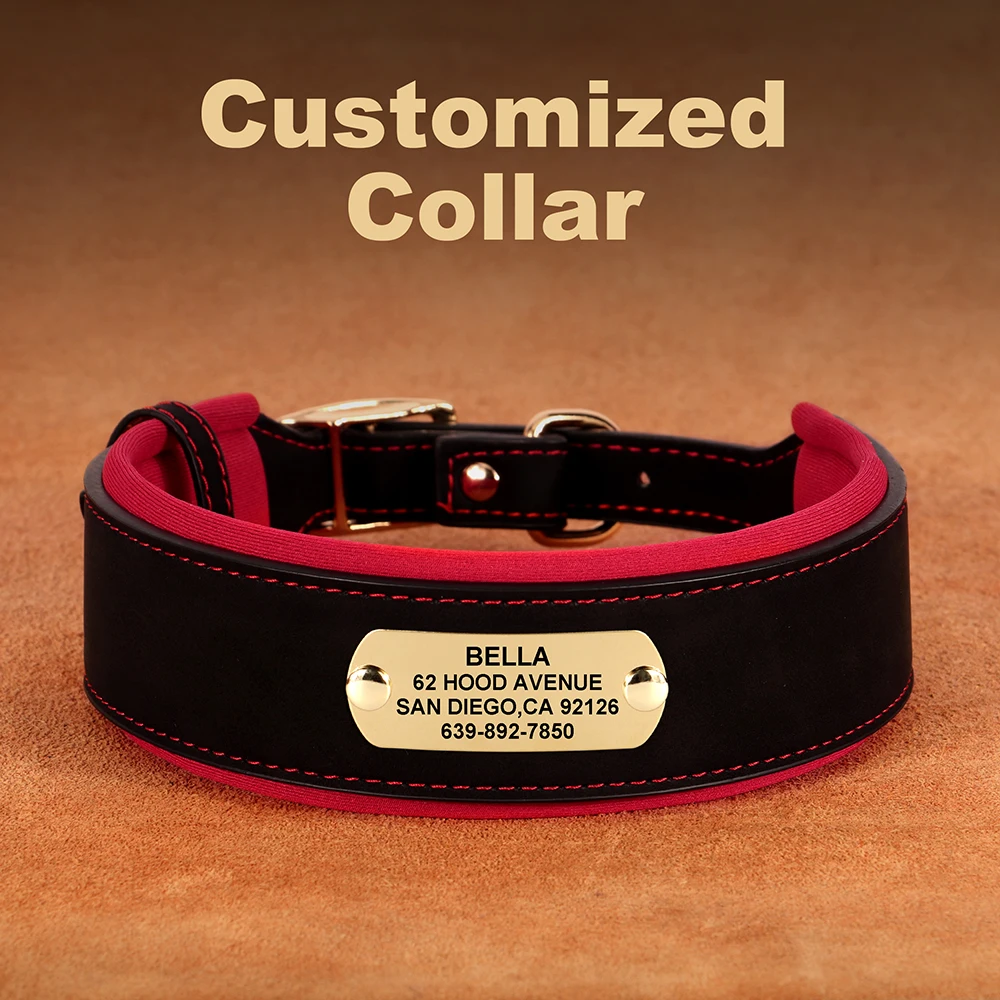 Personalized Leather Dog Collar Soft Wide Padded Collars For Medium Large Dogs With Free Engraved Nameplate Dog Accessories