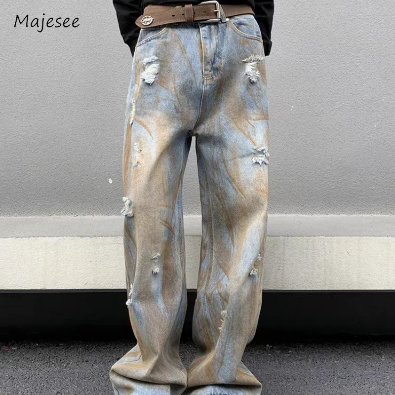 

Jeans Men Distressed American Retro Casual All-match Tie-dye Personality Hip Hop Spring Baggy Full Length Trousers High Street