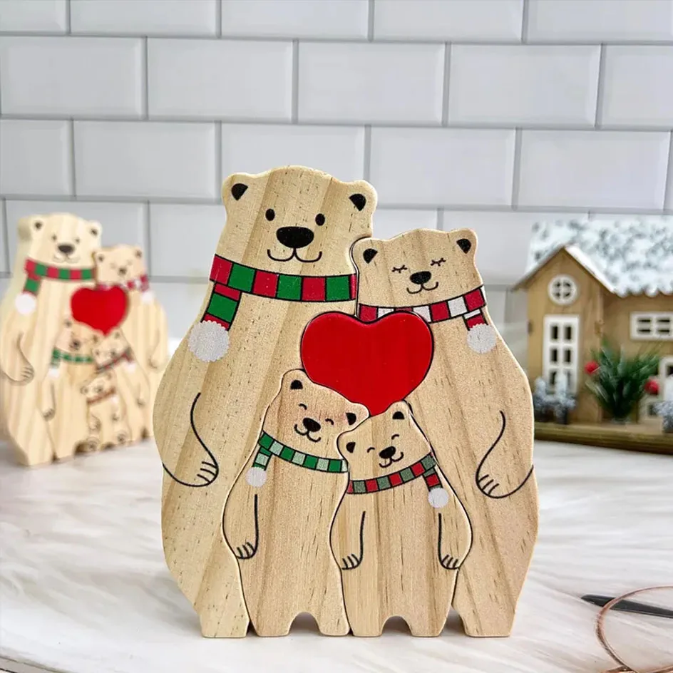 Ornament Crafts Wooden Bear Family Puzzle Figurines DIY Wood Carving Custom Name Home Gift