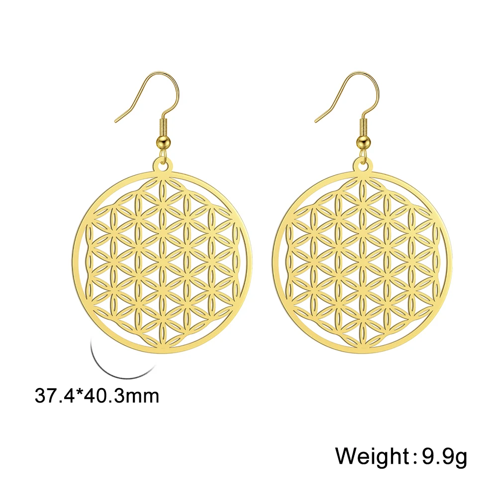 Skyrim Mandala Flower of Life Dangle Earrings Stainless Steel Gold Color Sacred Geometry Drop Earring Jewelry Gift for Women