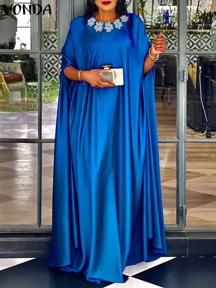 

2024 VONDA богемное атласное длинное платье Осенняя мода Макси Сарафан для женщин с круглым вырезом 3/4 искусственное Платье женское платье оверсайз