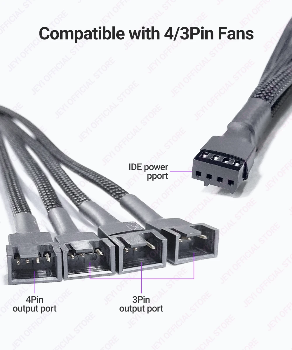JEYI PC-Lüfter-Splitter-Verlängerungskabel – 1 bis 4 PWM-Lüfter, geflochtenes Verlängerungs-Stromkabel für Motherboard, Desktop-Computer, CPU-Lüfter – Detail 2
