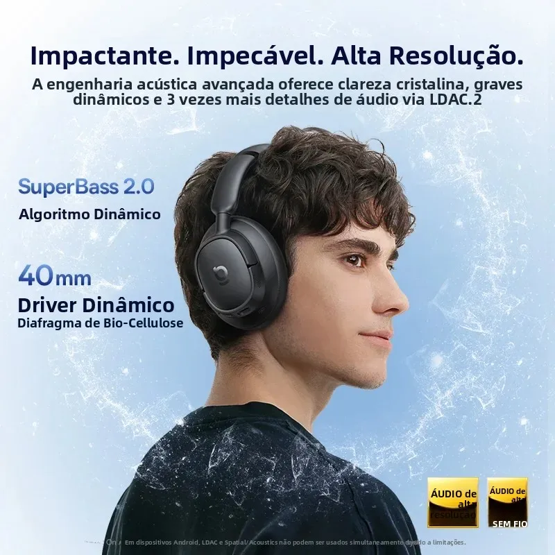 Fones de Ouvido Sem Fio Baseus EH10 NC ANC com Cancelamento de Ruído Adaptativo Híbrido de 45dB, Headsets Hi-Res LDAC, Bluetooth 6.0, 80 Horas de Duração