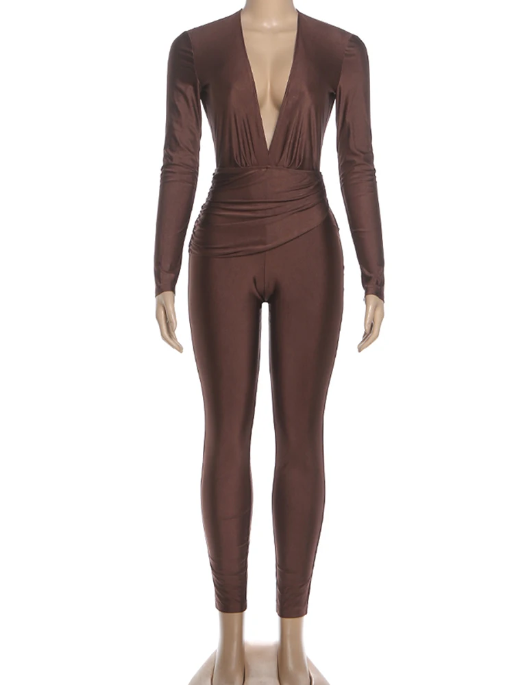 Nibber Sexy Jumpsuit Women Deep v-Neck Full Sleeve Skinny Backless Midnight Folds High Elasticity Fashion Classic Streetwear